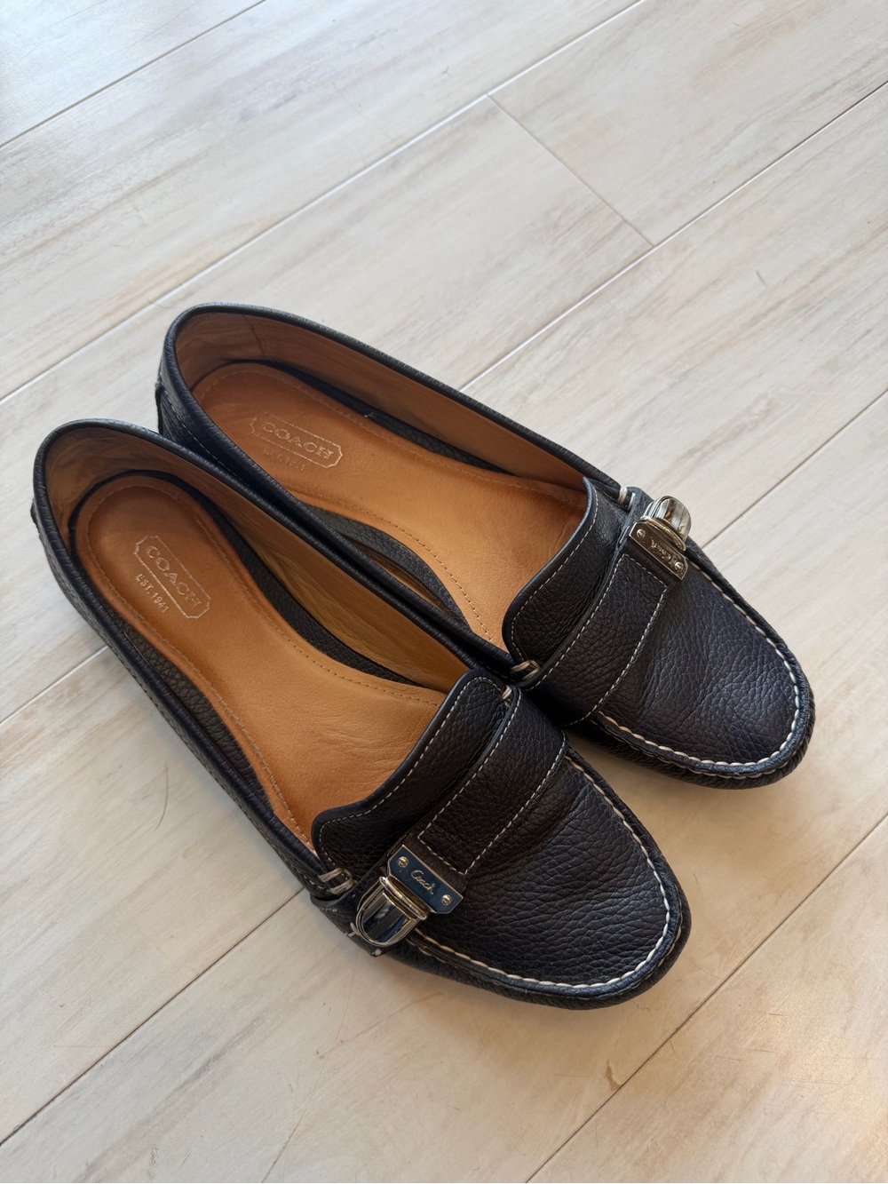 Women's Coach Black Leather Loafers with Metal Accent - Picture 3 of 5